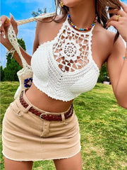 Vacation Crochet Solid Halter Tank Crop Camis