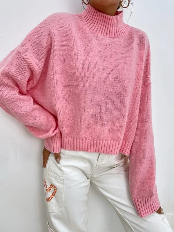 Herbst Langarm Rosa Solid Mock Neck Casual Pullover