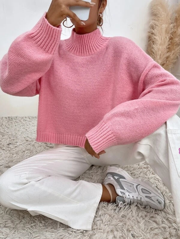 Herbst Langarm Rosa Solid Mock Neck Casual Pullover