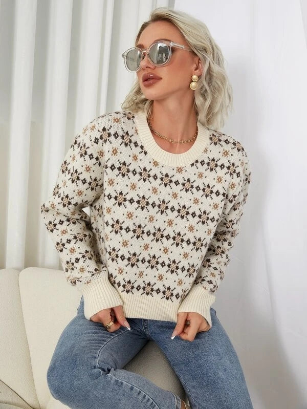 Fall Long Sleeve Crew Neck Casual Jacquard Sweater