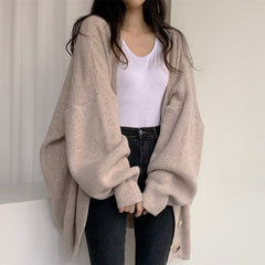 Sweater Coat Breasted Loose Lazy Long Lantern Sleeve Knitted Cardigan