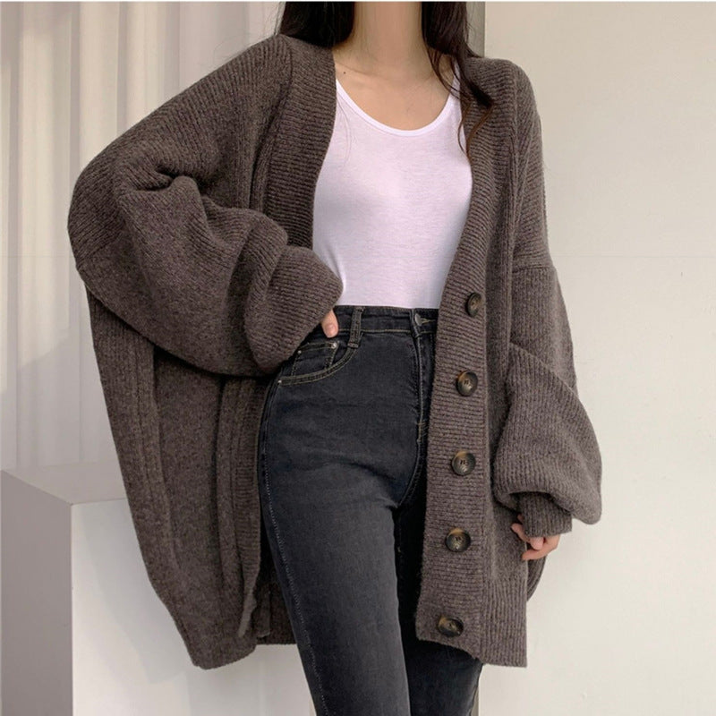 Sweater Coat Breasted Loose Lazy Long Lantern Sleeve Knitted Cardigan