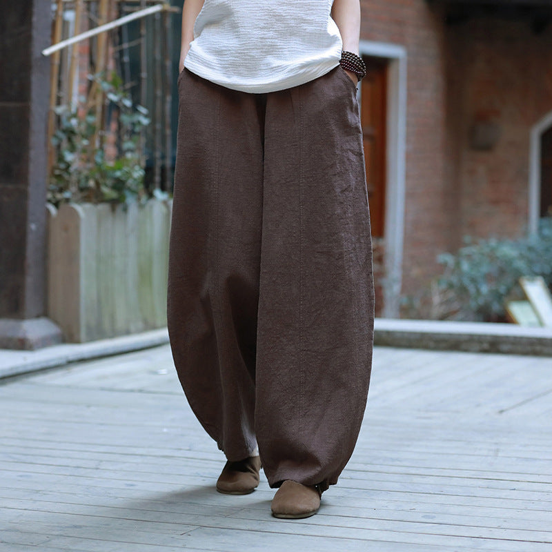 Pantalon de yoga ample en coton et lin, style rétro, grande taille, couleur unie, coutures en ramie