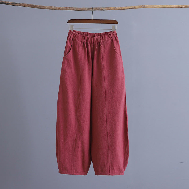 Pantalon de yoga ample en coton et lin, style rétro, grande taille, couleur unie, coutures en ramie
