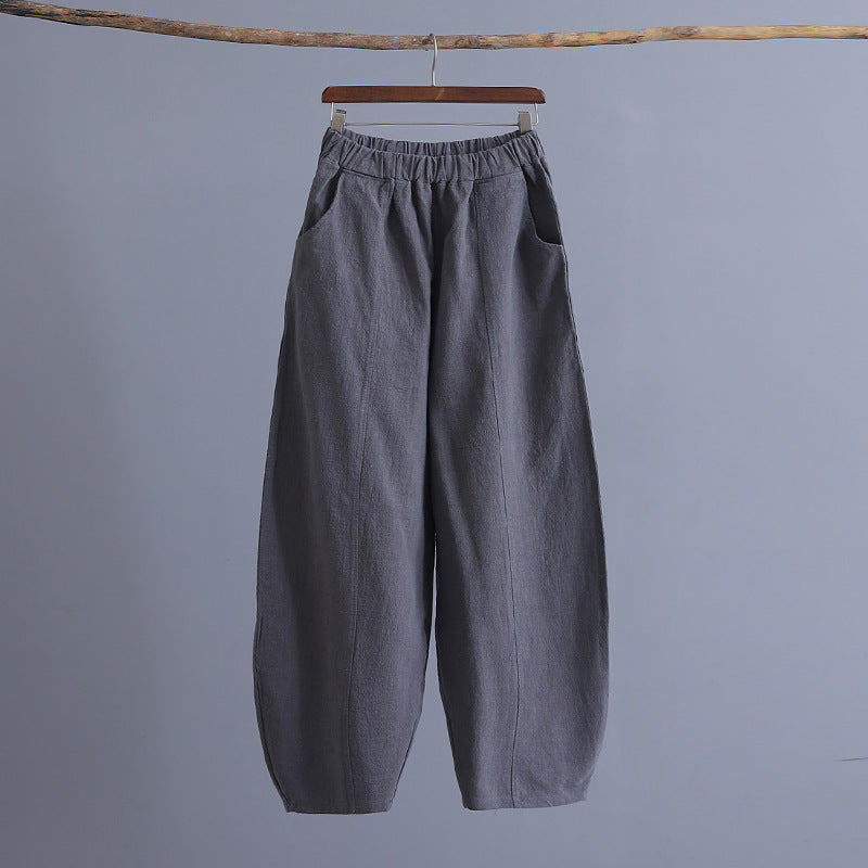 Pantalon de yoga ample en coton et lin, style rétro, grande taille, couleur unie, coutures en ramie