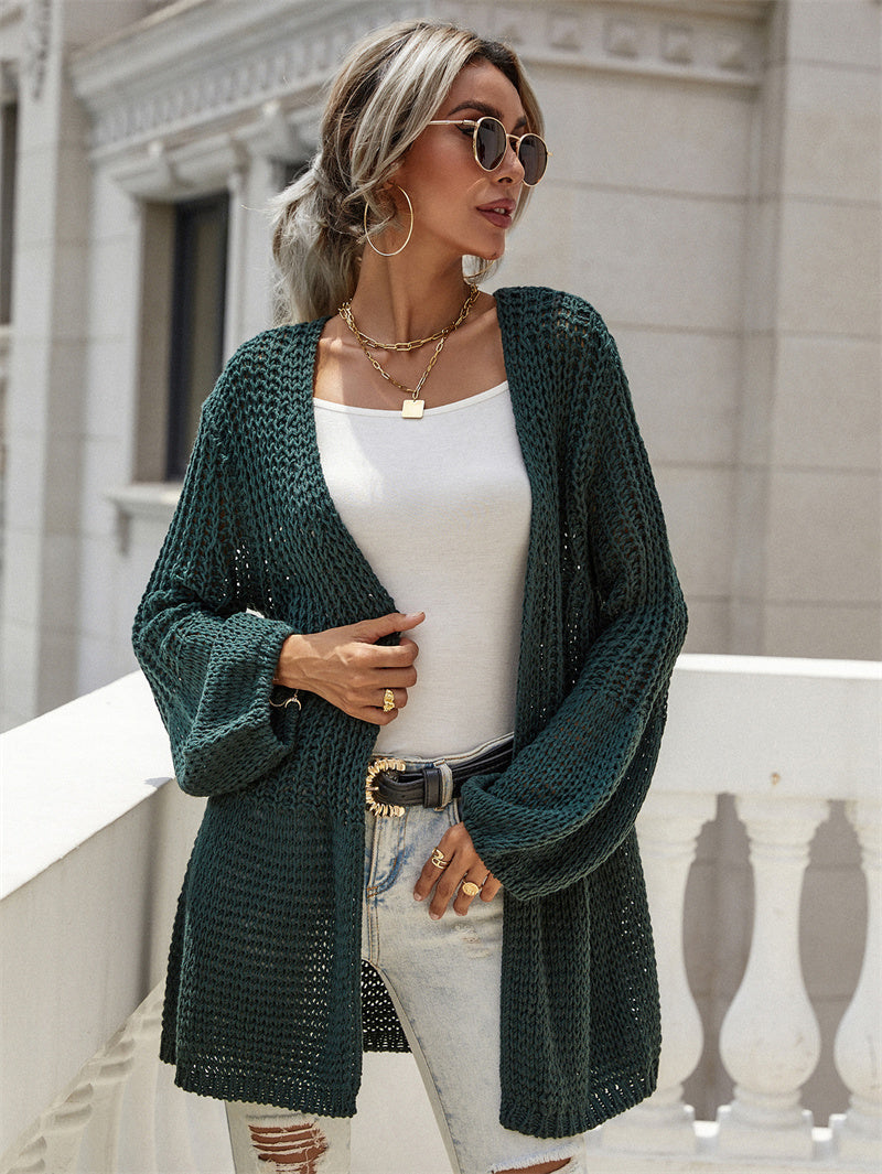 Office Solid Color Cardigan Bell Sleeve Knitted Sweater