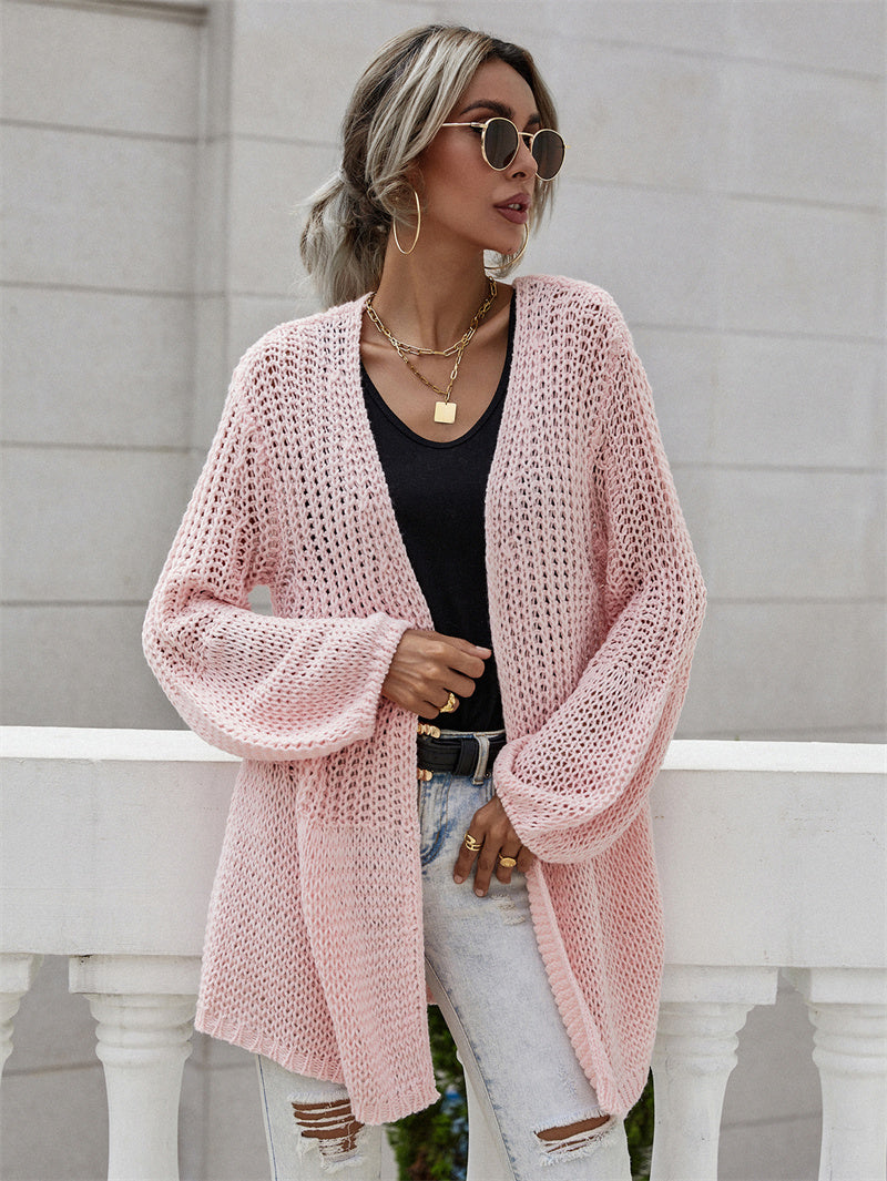 Office Solid Color Cardigan Bell Sleeve Knitted Sweater