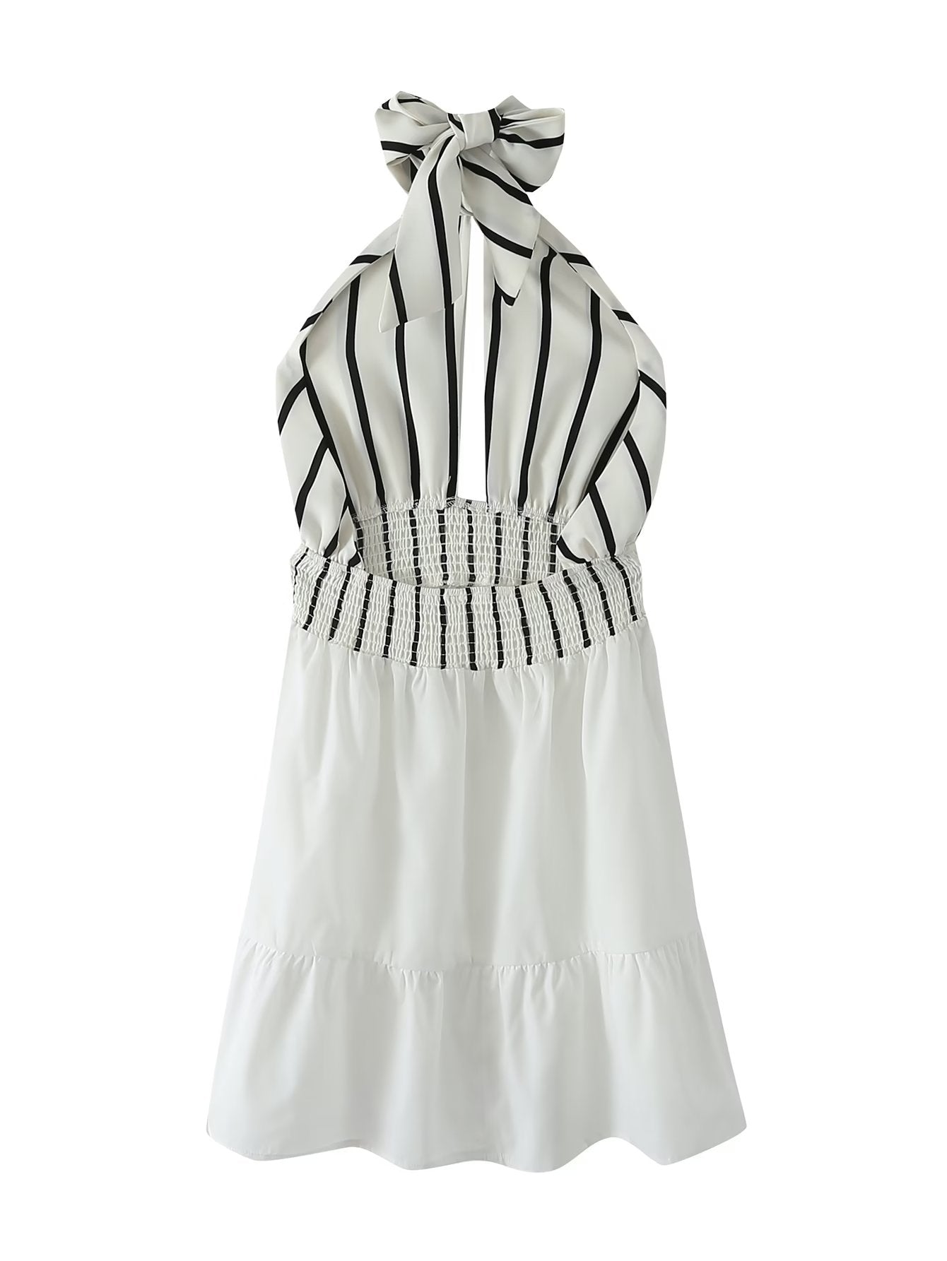 Halter Striped Contrast Color Lace up Cinched Patchwork Dress