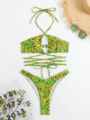 Printed Split Swimsuiteign Single's Swimsuit Criss Cross Strap Printing Split Bikini