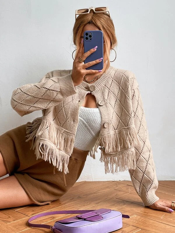 Herbst Langarm Fransen Elegante Kurze Strickjacken