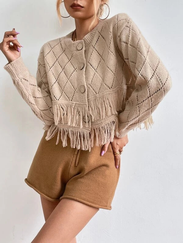Herbst Langarm Fransen Elegante Kurze Strickjacken