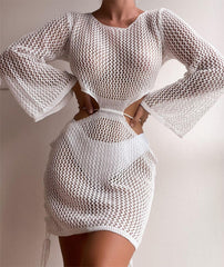 Hollow Out Cutout Out Beach Knitted Long Sleeved Bikini Casual Vacation Sun Protection Dress