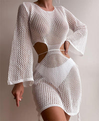 Hollow Out Cutout Out Beach Knitted Long Sleeved Bikini Casual Vacation Sun Protection Dress