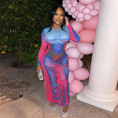 Long Sleeve Printed High Waist Slim Slimming Maxi Dress
