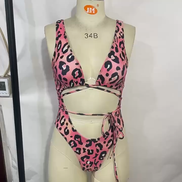 Printed One Piece Swimsuit Leopard Print Printed Lace up One Piece Bikini