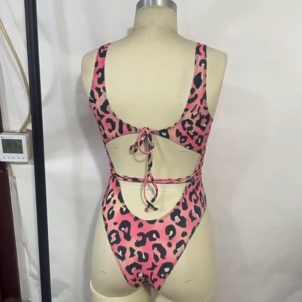 Printed One Piece Swimsuit Leopard Print Printed Lace up One Piece Bikini