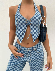 Denim Halter Vest Irregular Asymmetric Lace Up Plaid Camisole