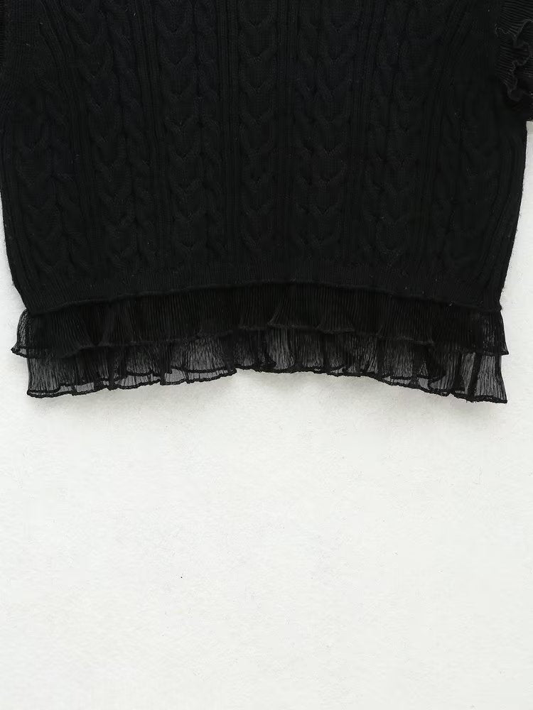 Black Laminated Decoration Eight StrKnitted Vest