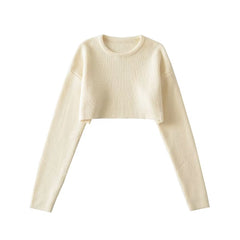 Pure College Lazy Cropped Outfit Sneaky Pullover round Neck Soft Glutinous Knitted Sweater Short Top