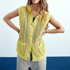 Lapels Pocket Texture Loose Knitted Cardigan Vest