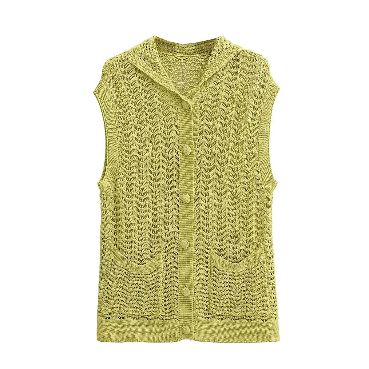 Lapels Pocket Texture Loose Knitted Cardigan Vest