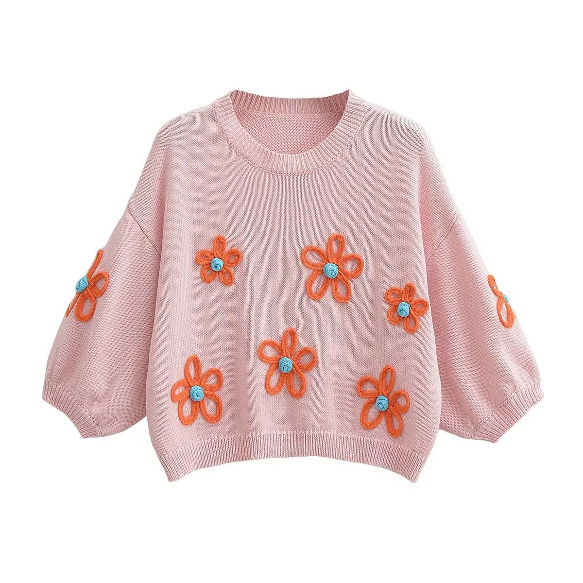 Süßer Strickpullover mit Blumenstickerei und Rundhalsausschnitt in Rosa mit tief angesetzten Schultern
