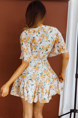 V Neck Printed Lotus Sleeve Dress Belt