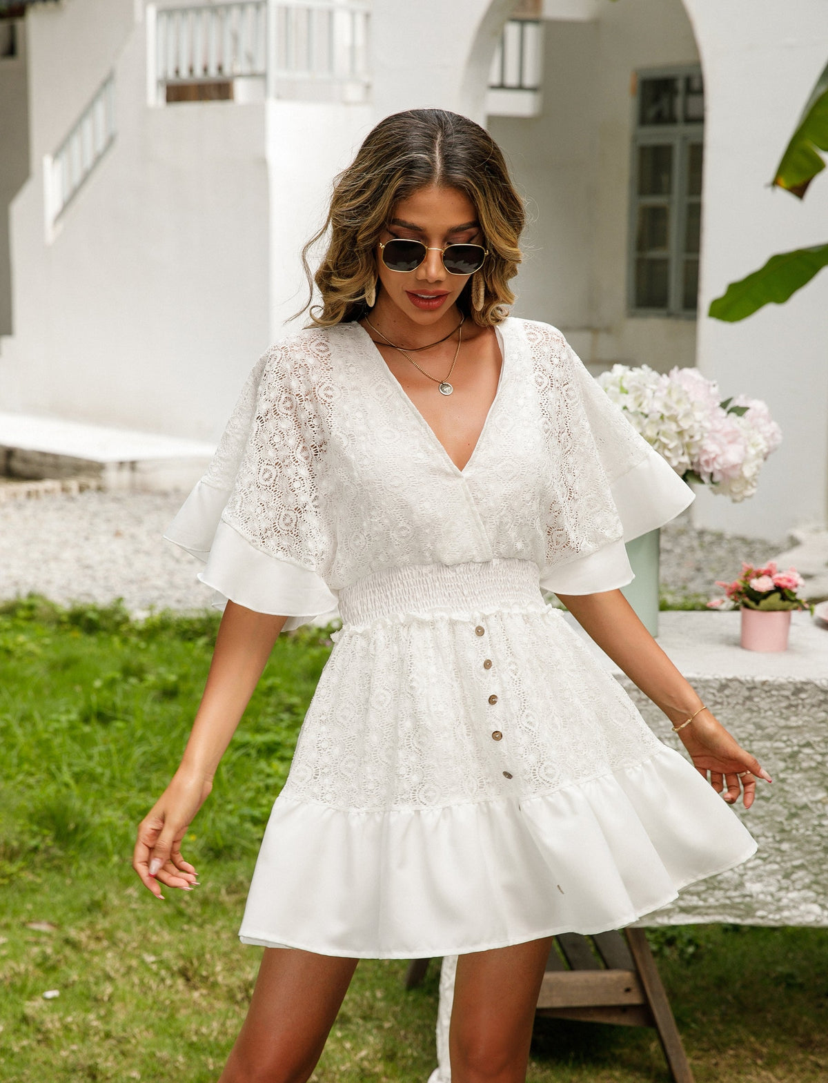 Bohemian Vacation Lace Mosaic Bat Sleeve Dress