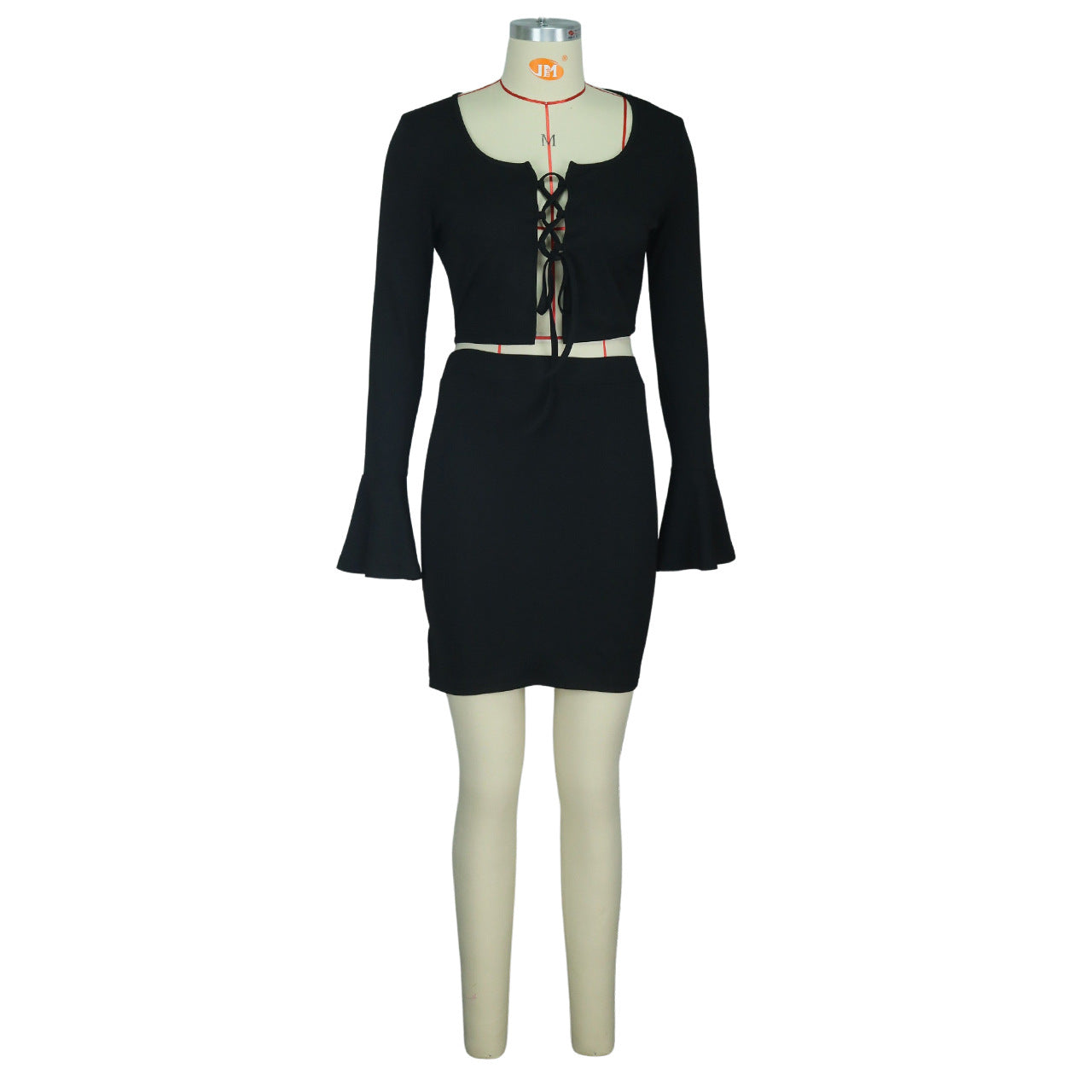 Thread Lace up Micro Cut Sleeve Slit Skirt Two Piece Suit Crisscross