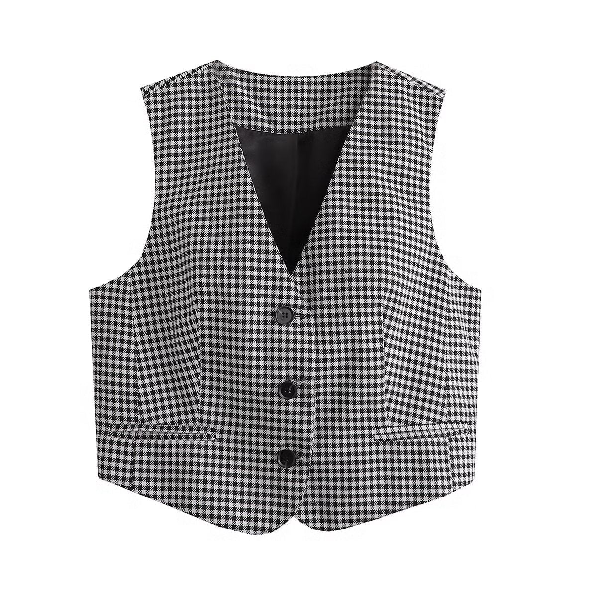 Black White Lattice Pattern Sleeveless Coat Office Casual Button Vest