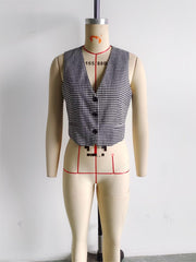 Black White Lattice Pattern Sleeveless Coat Office Casual Button Vest