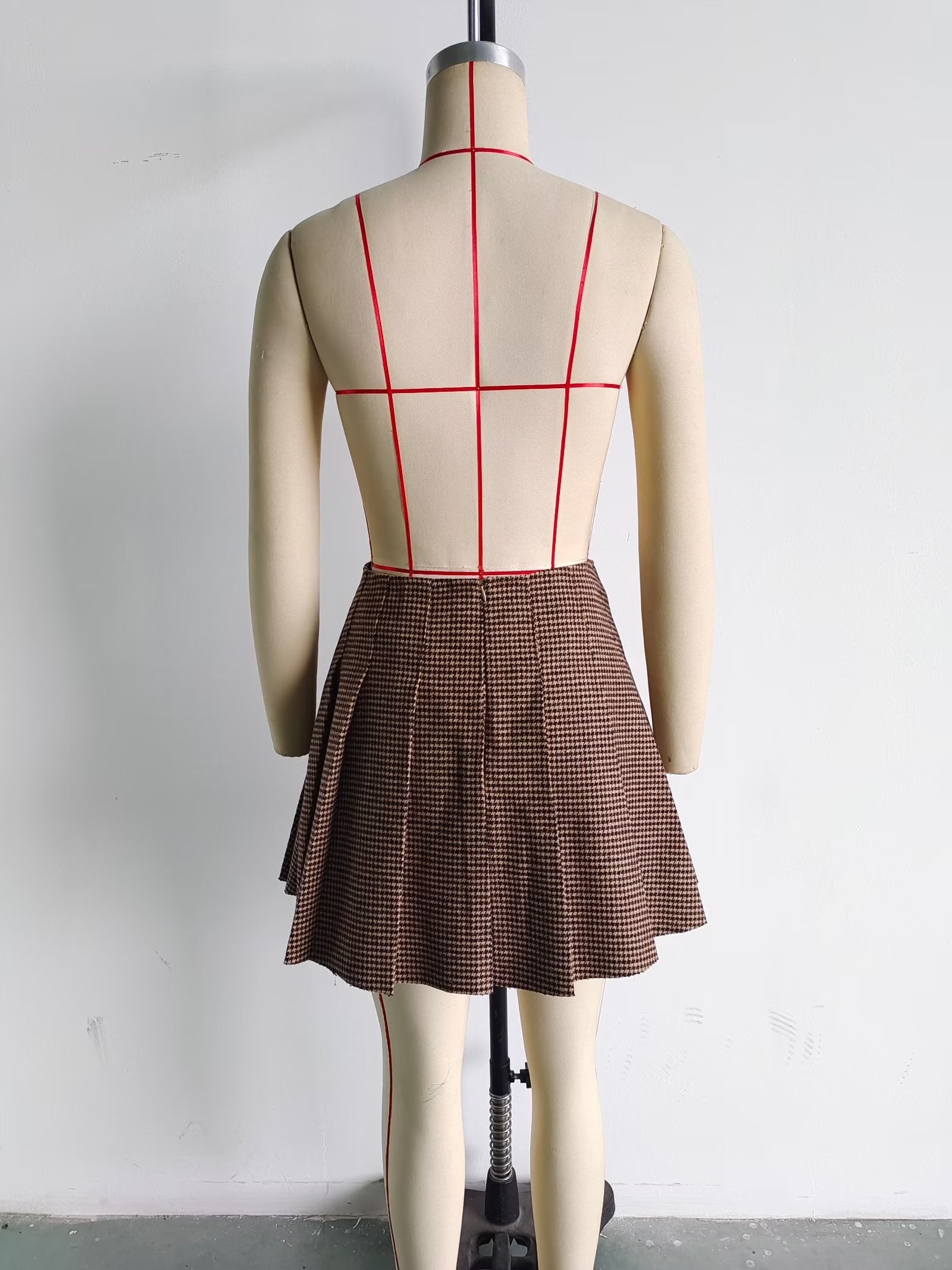 F00168830 Coffee Plaid Pleated Skirt Early Plaid Skirt