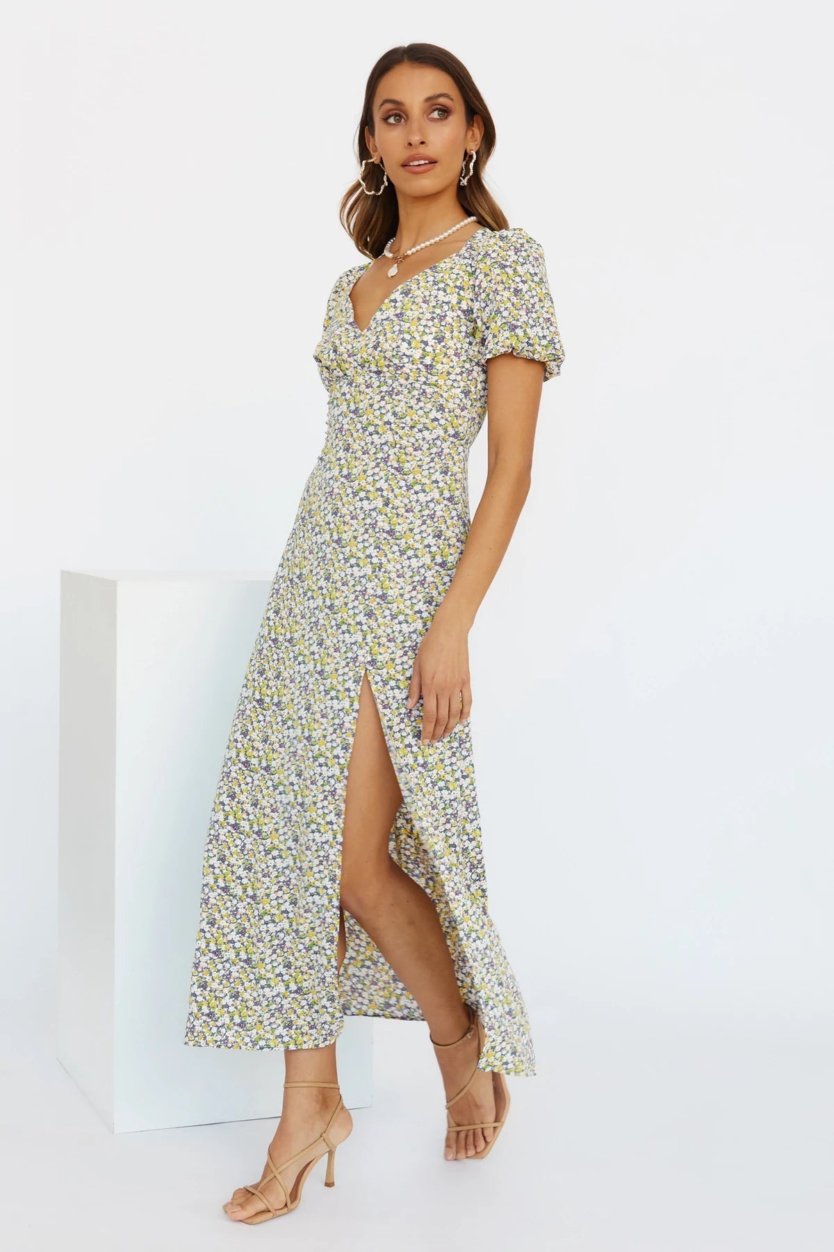 V Neck Puff Sleeve Elegant Print Slit Dress