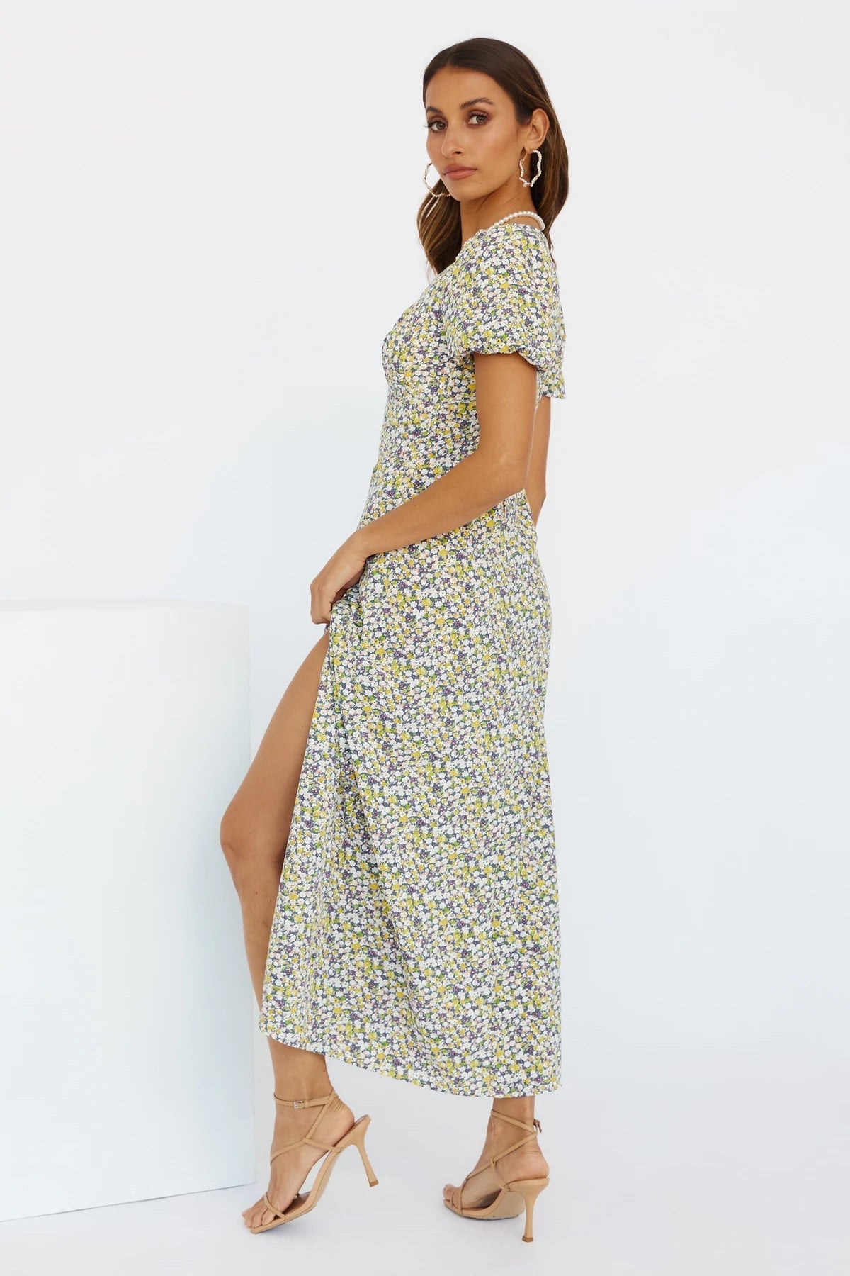 V Neck Puff Sleeve Elegant Print Slit Dress