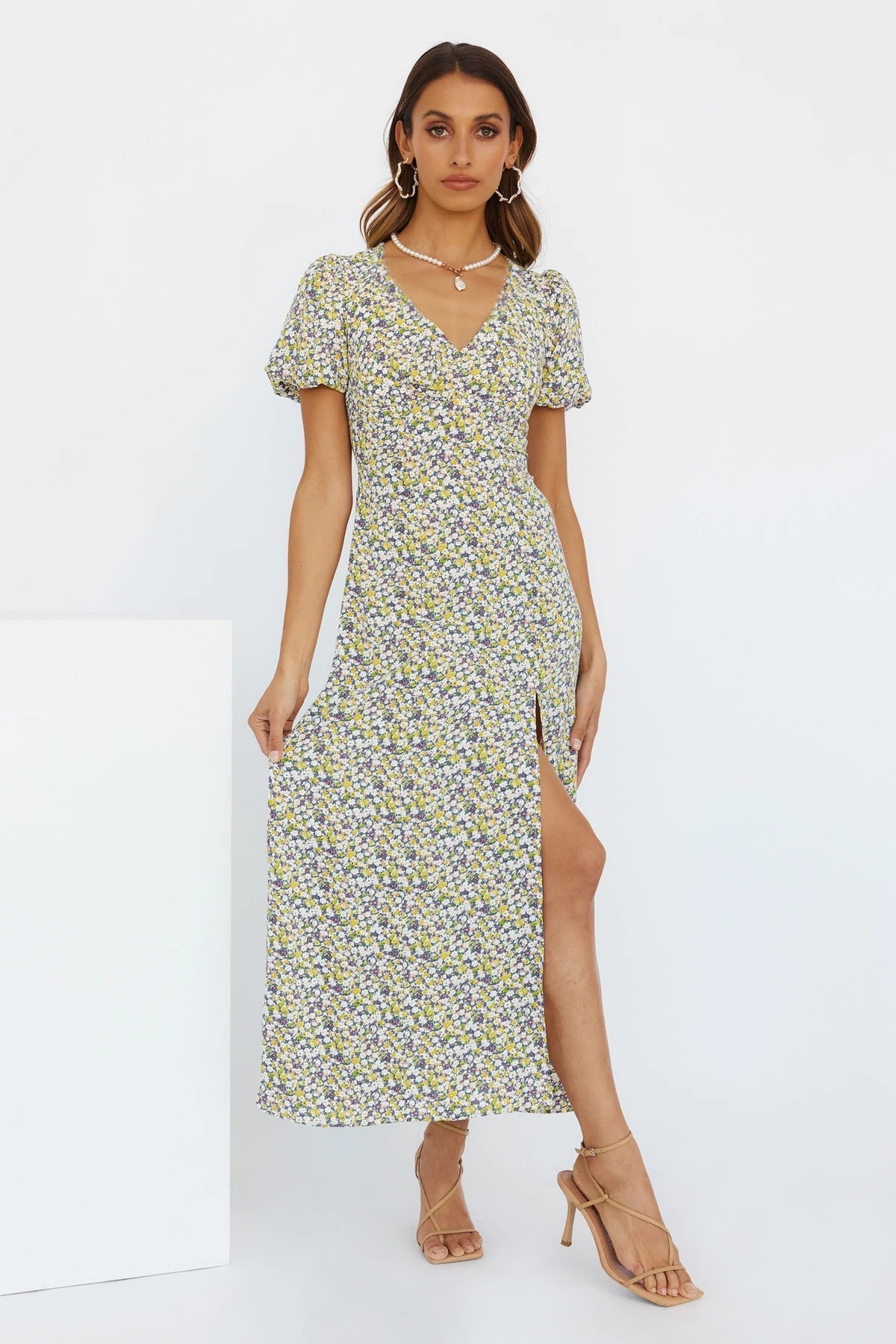 V Neck Puff Sleeve Elegant Print Slit Dress