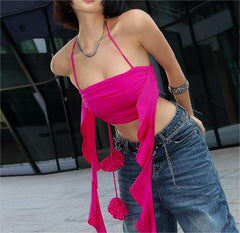 Halterneck off Shoulder Solid Color Irregular Asymmetric Short Top