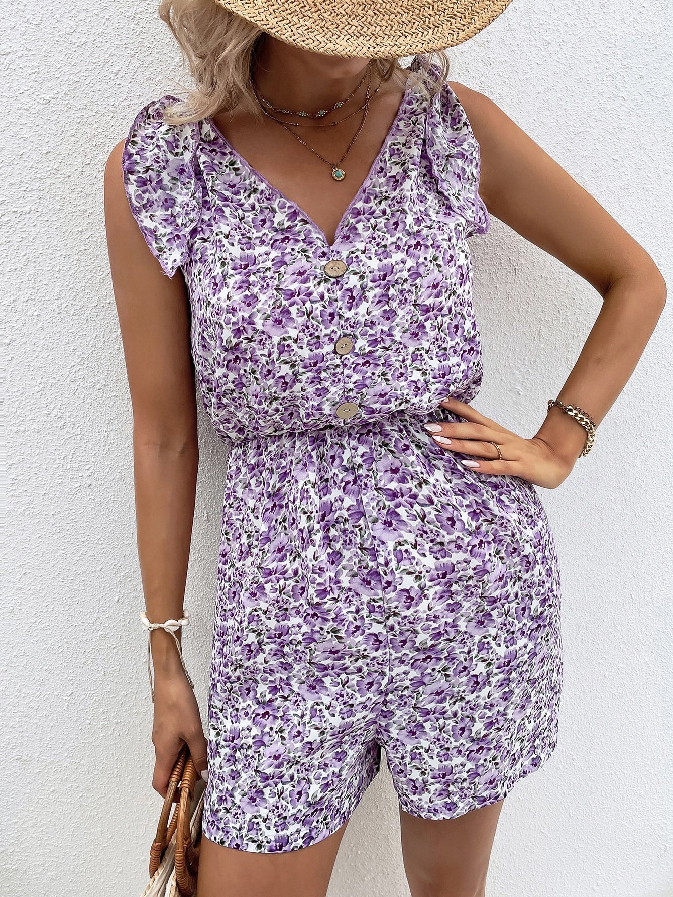 Ruffled Button V Neck Rompers
