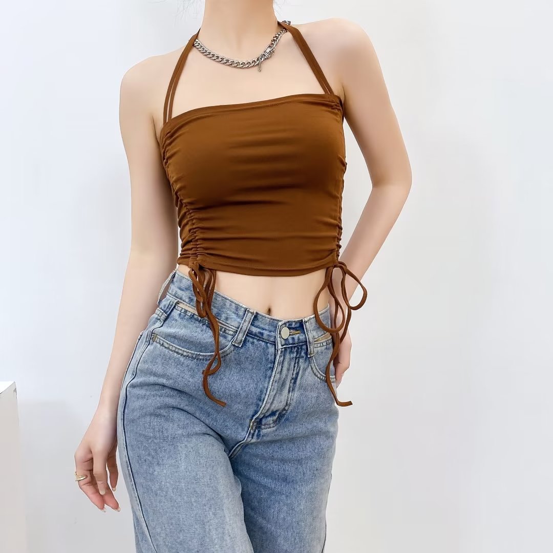 Halter Drawstring Halter Bow Bare Cropped Slim Fit Vest Sling