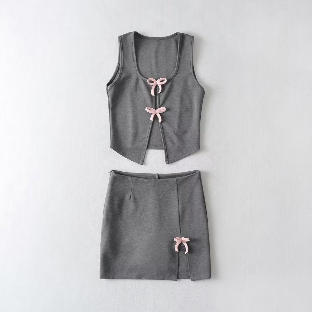 Suit Bow Lace up Sleeveless Top Sheath Split Skirt