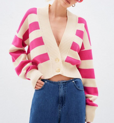 Personalized Striped Gradient Color Single Breasted Cardigan Top Loose Slimmingable All Match Sweater