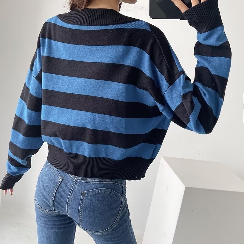 Personalized Striped Gradient Color Single Breasted Cardigan Top Loose Slimmingable All Match Sweater
