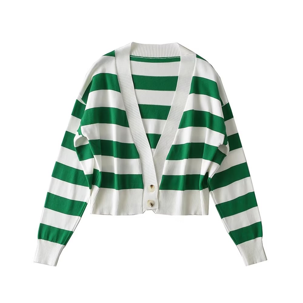Personalized Striped Gradient Color Single Breasted Cardigan Top Loose Slimmingable All Match Sweater