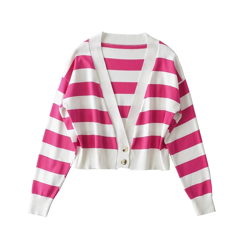 Personalized Striped Gradient Color Single Breasted Cardigan Top Loose Slimmingable All Match Sweater