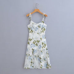 French Fresh Floral Slip Dress Elastic Dress after Tied High Waist