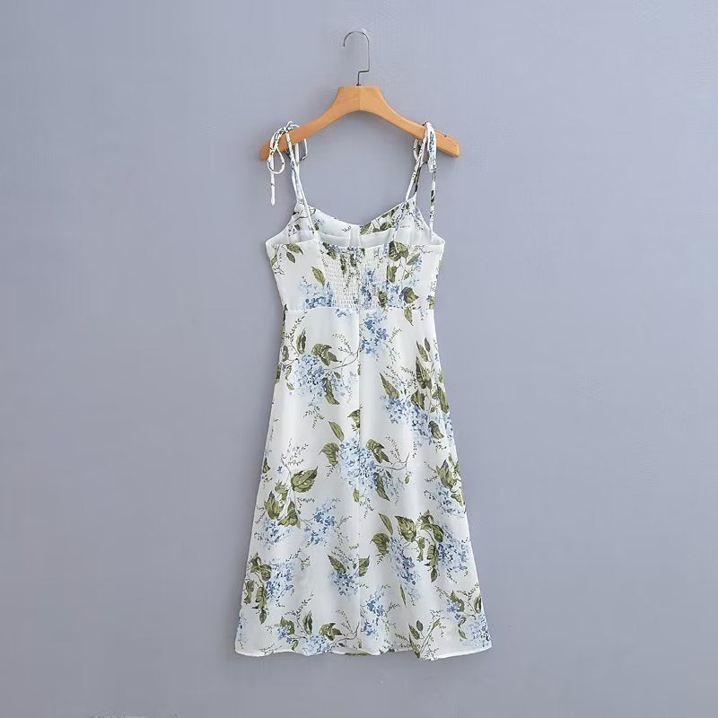 French Fresh Floral Slip Dress Elastic Dress after Tied High Waist