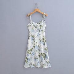 French Fresh Floral Slip Dress Elastic Dress after Tied High Waist