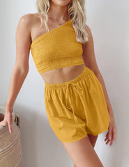 One Shoulder Pleated Cropped Top Shorts Beach Two Piece Suit