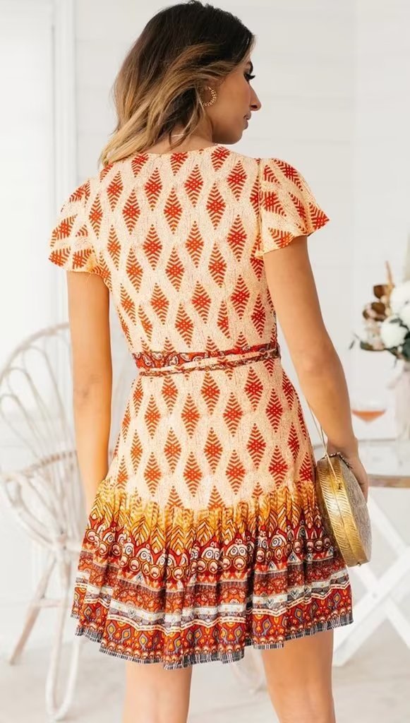 Printed Fresh High Waist Short Sleeve Dress