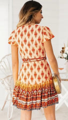 Printed Fresh High Waist Short Sleeve Dress
