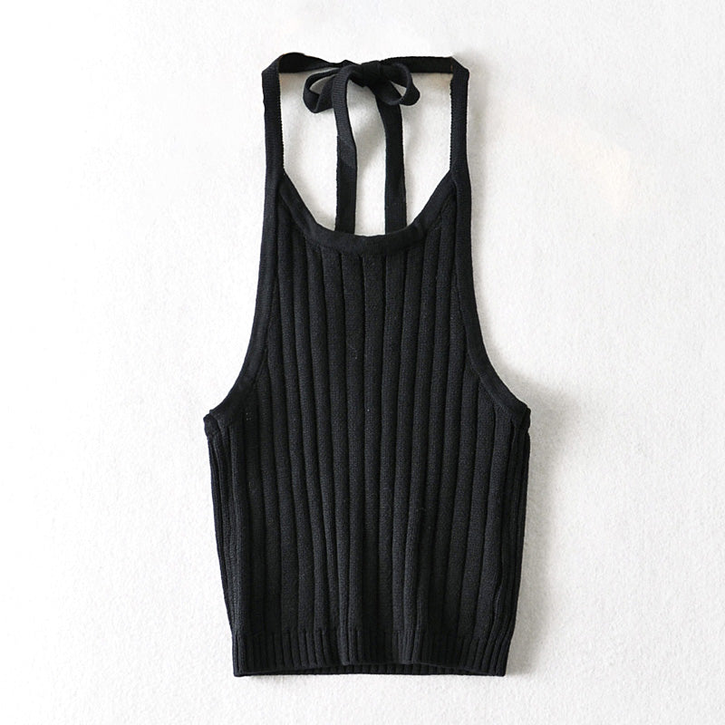 Lace up Halterneck Knitted Vest Sling Thread Sunken Stripe Slimming outside Wear Bottoming Shirt